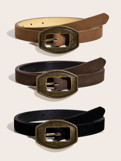 مجموعة مكونة من 3 أحزمة نسائية من البولي يوريثان بإبزيم مربع منقوش بزخارف زهرية بطراز عتيق، بتصميم غربي أنيق ورقيق، مناسبة للاستخدام اليومي والسفر