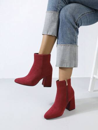 Timesize Botas de tobillo para mujer color vino tinto, botas cortas de moda, botas de tacón alto, botas de invierno