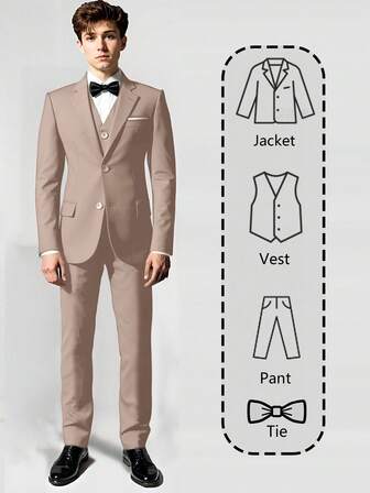 青少年男童四件套西装，幼儿燕尾服礼服，花童礼服，婚礼西装外套、马甲、裤子、领带，香槟色，尺码 6-16 岁