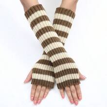 Long Color-Block Striped Wool Gloves Autumn And Winter New Mid-Length Fingerless Women's Warm And Fashionable Knitted Arm Sleeves In Various Colors - 紫色 - 查看 10