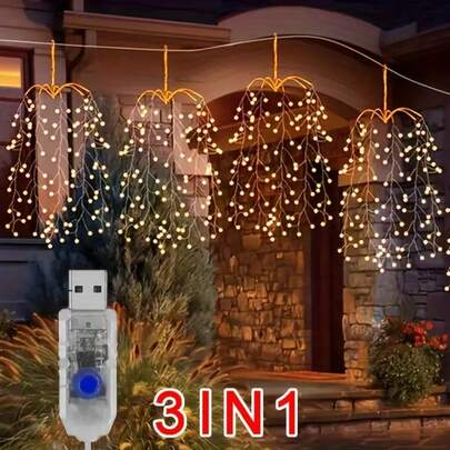 Set de 3 luces decorativas colgantes, juego de 3 luces de cuerda tipo petardo, luces colgantes de sauce, 300 luces de fuegos artificiales LED intermitentes, adecuadas para Navidad, campamento, fiestas, decoración de jardín y patio (blanco cálido), luces de jardín exterior