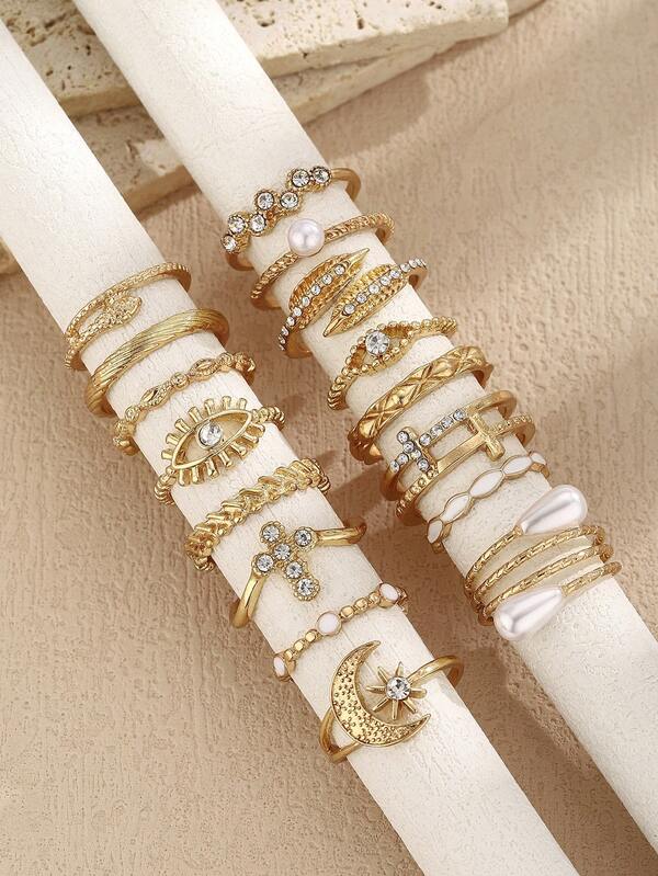 16Pcs/Set Luxury Eye-Shaped Faux Pearl Multi-Element Ring Set With Rhinestone Decoration, Suitable For Women's Daily Wear