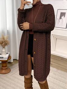 大码女式休闲长款开衫，落肩长袖单排扣，秋冬 - 棕色 - 查看 7