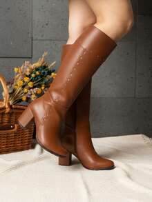 Botas elegantes de media caña clásicas con remaches de tacón bajo para el día a día, la oficina y para un evento especial cómodas y resistentes con tacón antideslizante - Camel - View 2