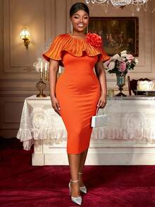 Plus Size Fitted Knee-Length Dress In Burnt Orange, Featuring Draped 3D Rose Floral Details, Sleeveless Round Neck, Medium Stretch Knit Fabric, New Year Edition