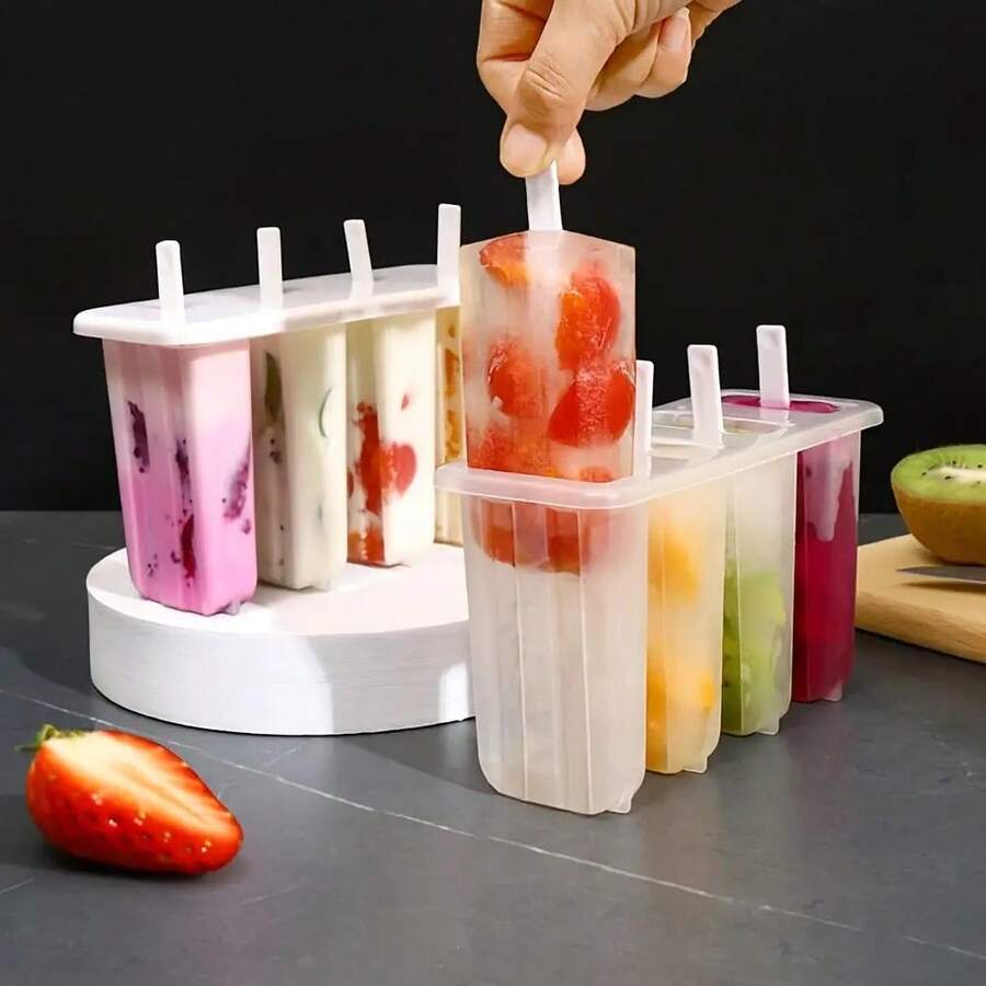 Easy-To-Clean 4-Bottle Ice Pop Mold, Suitable For Summer Desserts, Reusable DIY Ice Pop Making Tool With Lid, Cute Household Ice Pop And Ice Cream Mold - trắng - Xem 1