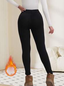 Damen Thermohosen in Unifarbe, Woll Futter Lässig Leggings, Thermisch gefütterte warme Skinny Hosen, geeignet für kaltes Wetter, können als Außenhose getragen werden, Herbst/Winter - Schwarz - Übersicht 5
