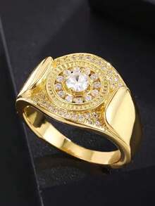 Hip-Hop Avant-Garde Large Dollar Sign Men's Ring With Sparkling Synthetic Cubic Zirconiaia Stones, Golden-Tone Statement For Parties, Christmas, Halloween & Daily Wear - Perfect Gift For Men, Hip Hop, Party Accessory, Design, Luxurious Appearance