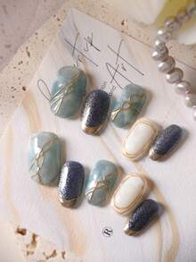 10pcs Acrylic Press On Nails Blue Green Halation Starry Sky Golden Line Short Nails Fake Nails Artificial Nails Kit Includes 1sheet Adhesive Tabs &1 Pc Mini File - Multicolor - View 2