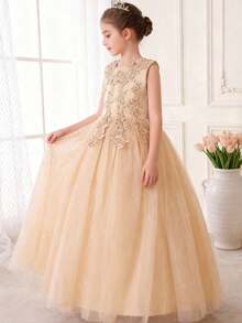 Tween Girl Floral Appliques Bow Back Mesh Overlay Party Dress