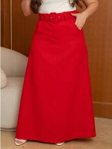 Saia Feminina Longa Alfaiataria ,Bolso Lateral E Ziper frontal Acompanha Cinto Moda Evangelica - Vermelho - Visão 4