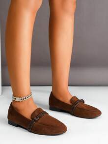 女士时尚编织带圆头低跟平底鞋 - 咖啡棕 - 查看 5