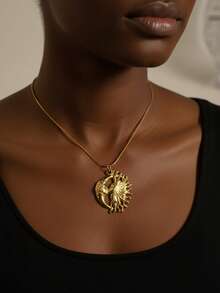 MECYLIFE 1pc Stainless Steel Round Moon Sun Star Pendant Necklace, Simple Design Women Necklace - Yellow Gold - View 4