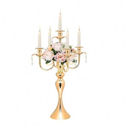 1pc Gold Candle Holder, 5-Arm Tabletop Candelabra, Suitable For Wedding Centerpiece Decor, Christmas Holiday Events, Party Decoration - Metal Structure