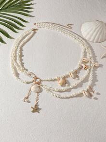 1 pieza Nuevo cinturón de cadena de cintura multifilamento hecho a mano con perlas para mujer, accesorio de cadena corporal de moda - Blanco - Ver 9