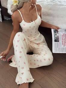 Nina Bonheur 2pcs Ditsy Floral Women Camisole Crop Top + Elastic Waist Straight Pants Pajama Sleepwear Set
