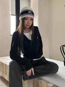 Unique Design Waist Cinching Long Sleeve T-Shirt, Embroidered Slim Fit Layering Top, Autumn