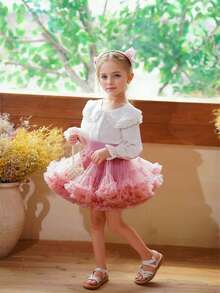 New Young Girl Tutu Skirt, Full Mesh Wide Waist Ballerina Princess Cake Puff Skirt, Light Pink - Dusty Pink - View 3