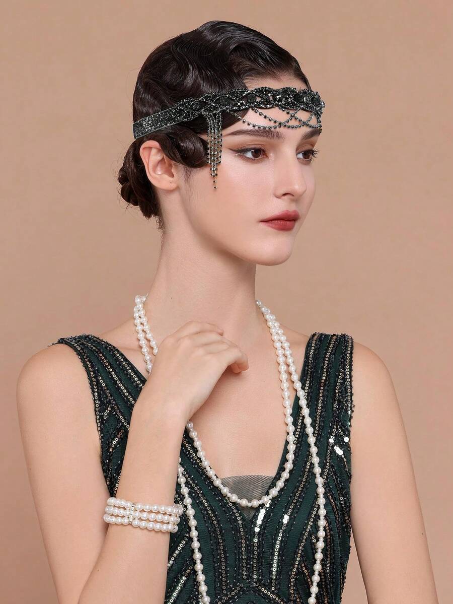BABEYOND 1920s Flapper Headpiece Roaring 20s Headband Great Gatsby Headband Chain For Women Vintage Hair Accessory - 黑色 - 查看 1
