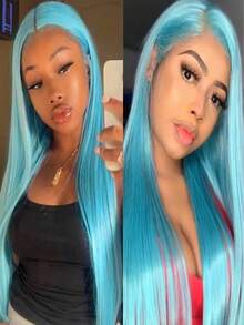 13x4 Elegant 26 Inch Blue Lace Front Wig, Synthetic Lace Front Wig With Pre-Plucked Hairline, Heat Resistant Fiber Hair, Silky Straight Wig For Women, Cosplay, Party, Daily Use - Baby Blue - View 15