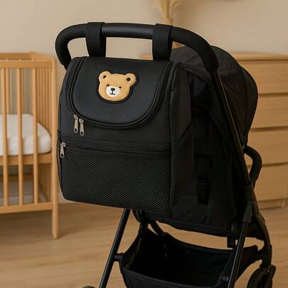 1pc Bear Pattern Baby Stroller Hanging Bag, Diaper Bag, Mommy Bag, Water-Resistant, Suitable For Baby Stroller Accessories