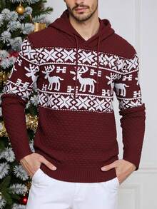 WAIT HIM Men's Casual Christmas Reindeer Pattern Drawstring Hooded Sweater - Burgundy - View 5
