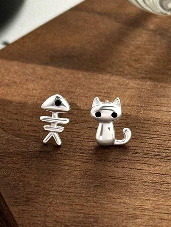 Pendientes de botón con forma de gato de plata de ley 925, diseño minimalista delicado y compacto