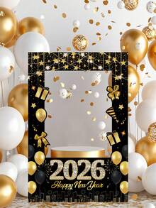 1 قطعة إطار صور ورقي أسود وذهبي لعام 2026 الجديد، ديكورات رأس السنة الجديدة مع البالونات والهدايا والألعاب النارية والنجوم، لوازم احتفالات رأس السنة الجديدة، لوازم ديكور ليلة رأس السنة الجديدة، أكسسوارات صور حفلة العطلات