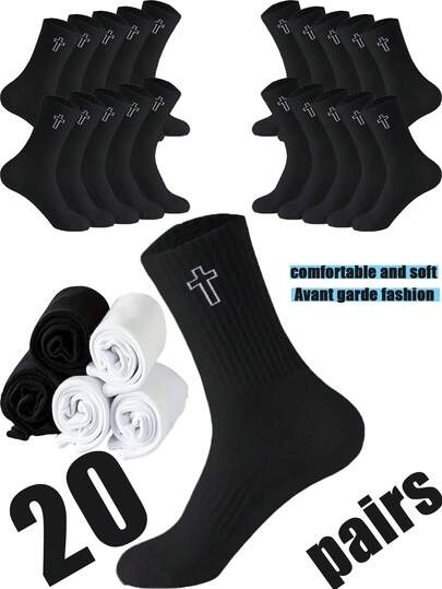 1 Par de Meias Pretas e Brancas Acima do Tornozelo, Cor Sólida Unissex, Estampa de Cruz e Letra, Absorção de Umidade e Resistente a Odores, Meias Esportivas para Corrida, Versáteis para Uso Casual