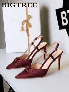 European & American Style Satin Bow Pointed Toe Slip-On High Heel Pumps, Low Vamp Backless Women Party Shoes - Burgundy - View 2