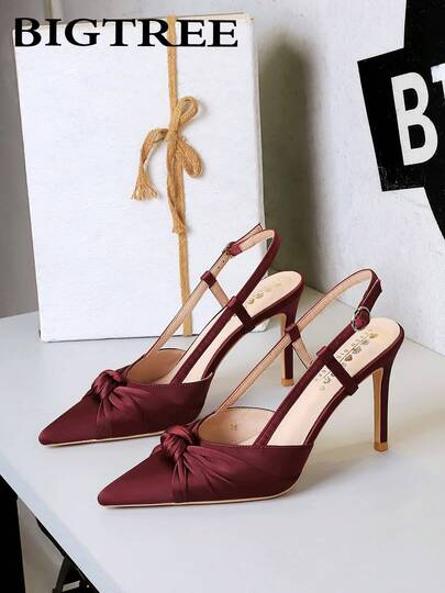 European & American Style Satin Bow Pointed Toe Slip-On High Heel Pumps, Low Vamp Backless Women Party Shoes