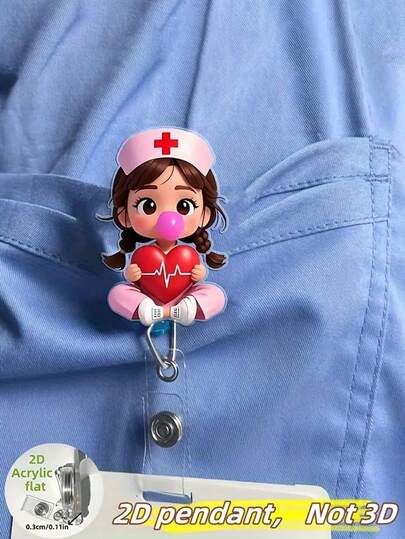 2D Flat Acrylic Medical ID Badge Holder, Cute Nurse Pattern, Retractable Clip, Durable Tag, Suitable For Medical Students And Practicing Nurses - Durable PMMA Material, Suitable For Workplace Identification, Medical ID Tag Clip | Fun Design | Durable Acrylic Material, Nurse Accessories, Back To School, Teacher Gift, Suitable For Hospitals, Clinics And Nursing Students
