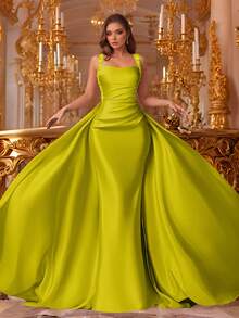 VIPGIRL 绿色无袖垂坠缎面礼服，配亮片肩带和长拖尾，优雅的女士美人鱼礼服，舞会礼服，晚礼服，婚礼宾客礼服，奢华迷人的舞会礼服 - 綠色 - 查看 5