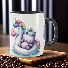 1pc 11oz Whimsical Hippo & Ceramic Mug - Black Handle, White Body With Accents - Hot & Cold Beverages, Milk, Tea, Coffee - Home, Office, Or, Coffee Mug - Black - View 2