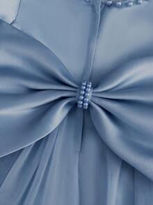 Grayish Blue Bow-Decor Tulle Dress, Birthday Party Baby Girl Outfit - Blue - View 7