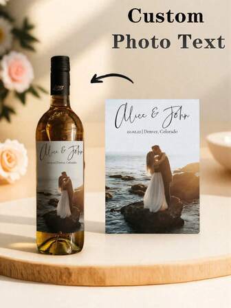 1pc Customized Photo Wine Bottle Label, Personalized Wedding Wine Bottle Label, Wine Gift, Wedding Label, Anniversary Label, Birthday Label, Decorative Wine Bottle, Engagement Gift, Couple Engagement Gift, Bride Gift, Suitable For Wedding, Anniversary, Graduation, Father's Day, Beach Vacation, Christmas