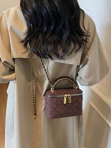 新款秋冬时尚咖啡色经典小丑纯色方形盒包，绗缝方形包，手提包，拉链单肩包，金属扣装饰单肩包，适合旅行、购物、聚会和约会。 - 咖啡 - 查看 4