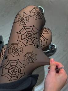 1pc Women's Sexy Spider Web Thermal Lined Knitted Footless Tights, Casual Daily Sheer Skinny Leggings