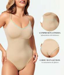SUNACGO Body Faja Moldeadora para Mujer con Control de Abdomen Moldeadora de Cintura Curvy Faja Bodysuit Shapewear Sin Costuras Tanga - Negro(Cuello en V ) - Ver 2
