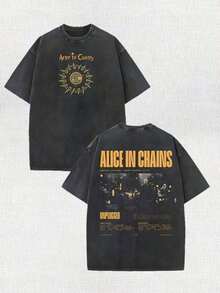 Retro Album "Alice In Chains" Band Members' Men's Washed T-Shirt, A Gift Suitable For Both Men And Women, A Music Tour T-Shirt, Patterned T-Shirt. - 黑色 - 查看 1