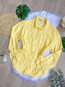 Women's Solid Button-Down Shirt CasualSP035 - Yellow - View 2