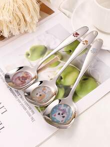 1pc Stainless Steel Flat Head Large Soup Spoon With Cute Cat & Dog Pattern, Household Dining Spoon