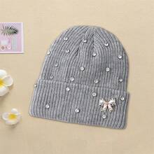 Women Knitted Hat, Bow Pearls Shiny Rhinestones Soft Crochet Hat Warm Winter Cap For Indoor Outdoor - 灰色 - 查看 3