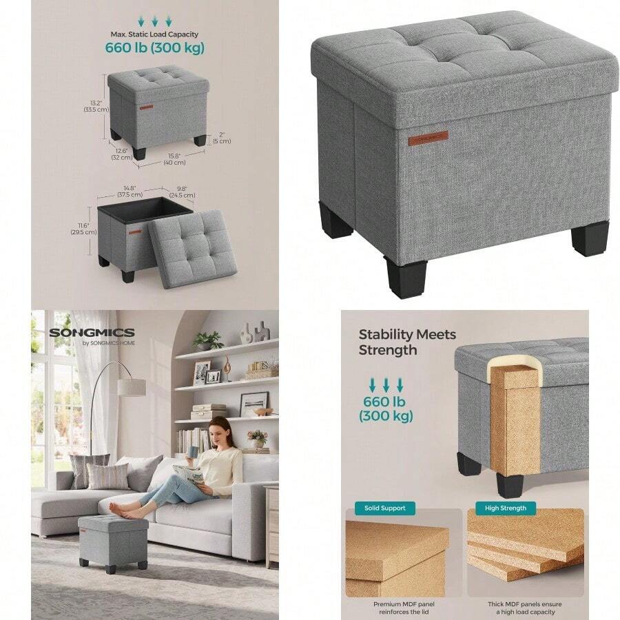 SONGMICS Storage Ottoman Small Ottoman Foot Rest With Legs 32 X 40 X 33.5 Cm Foot Stool Ottoman With Storage Load Up To 660 Lb For Living Room Bedroom Dorm  Gray ULSF012G02