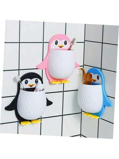 1个壁挂式卡通企鹅牙刷架浴室收纳架可爱遥控器收纳架节省空间易于安装设计适用于浴室、卧室和厨房浴室配件