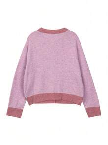 ii Plus Size Women Casual Color Block Patchwork Cardigan, Autumn/Winter - Pink - View 5