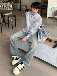 トレンディブランドカラーブロッキングとパッチワークのカップル用フーディー メンズ用 春用 疑似ツーピースデザイン ロングスリーブトップ アメリカンレトロ シャツ - ブラック - チェックする 5
