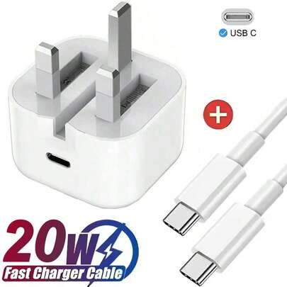 20W PD Fast Charging UK Plug Foldable Wall Adapter + 3.3ft/100cm High-Efficiency Data Transfer Fast Charging Cable Compatible With IPhone 17 Pro Max/17 Pro/Air/17/16/15, S25/S24/S23/S22/S21/S20 Ultra Plus, Series