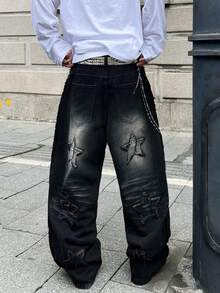 Infinite Jeans 1pc Streetwear Celana Panjang Pria Patchwork Bordir Kaki Lebar Longgar Nyaman Serbaguna Sepanjang Musim Celana Panjang Denim High Street (Produk Tidak Termasuk Sabuk Dan Aksesoris) - Hitam - View 4