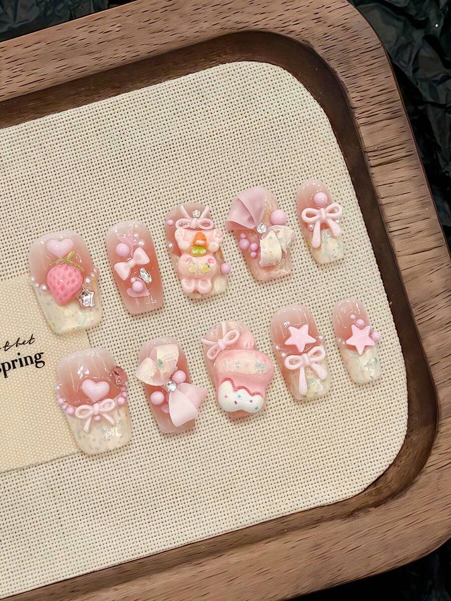 10 Stücke rosa Fake Nägel mit französischer Spitze, ultra-flexibel und langanhaltend, Fake Nägel für Frauen Nail Art Dekoration